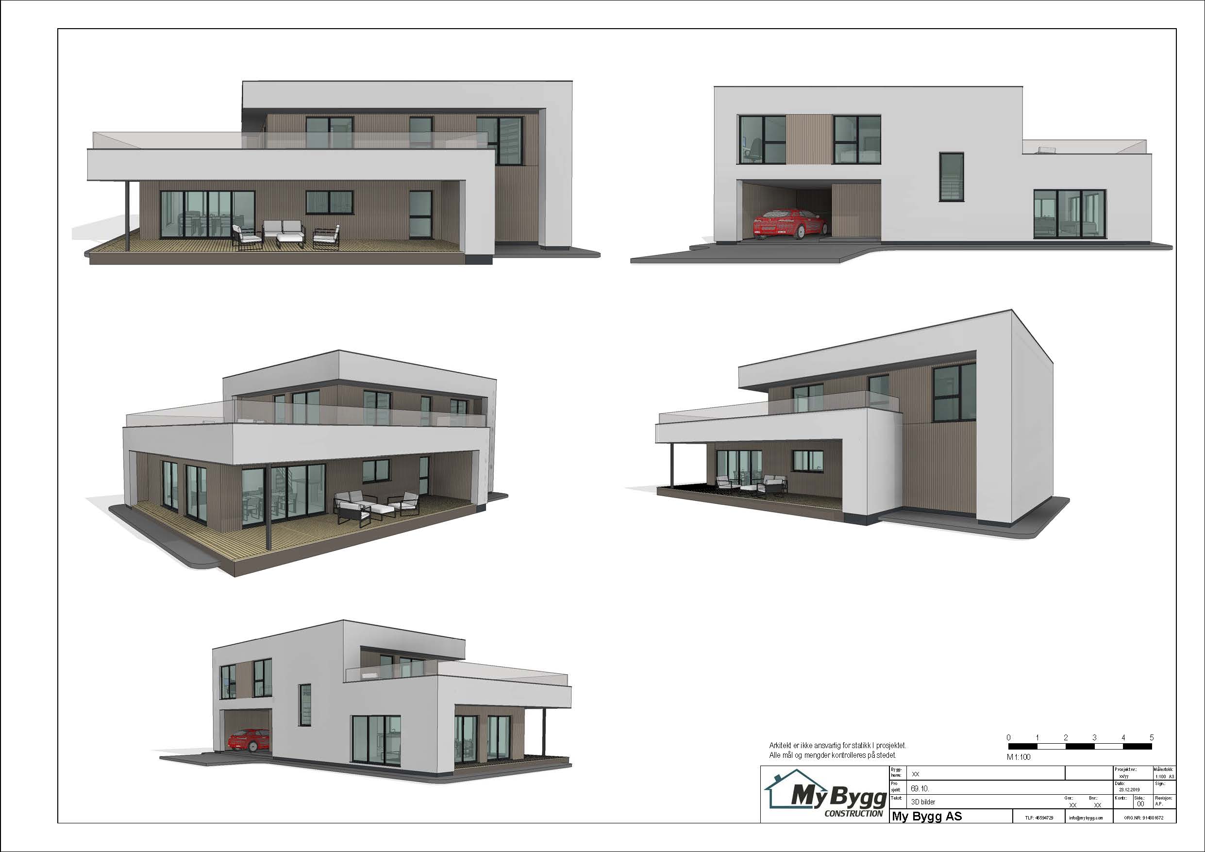 Fem 3D-visninger av moderne toetasjes bolig med overbygd uteplass og integrert carport.