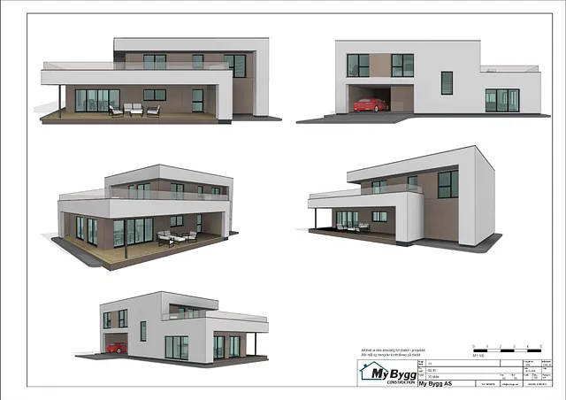 Fem 3D-visninger av moderne toetasjes bolig med overbygd uteplass og integrert carport.