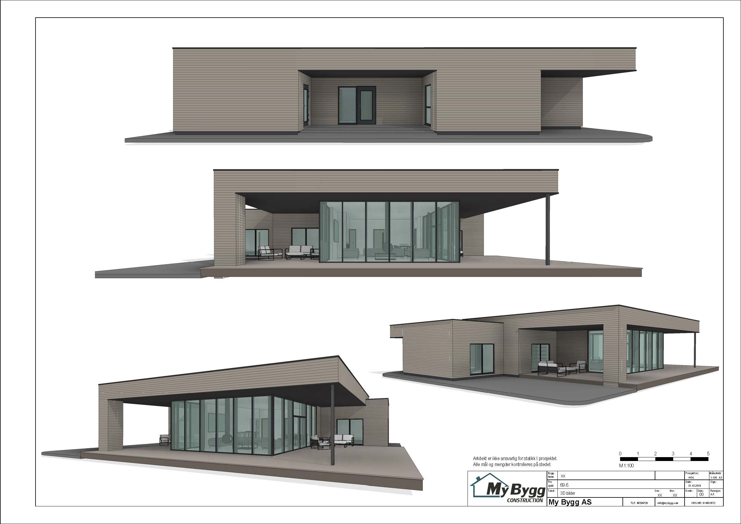 Fire 3D-perspektiver av boligen med flat takform, store glassflater og overbygd terrasse.