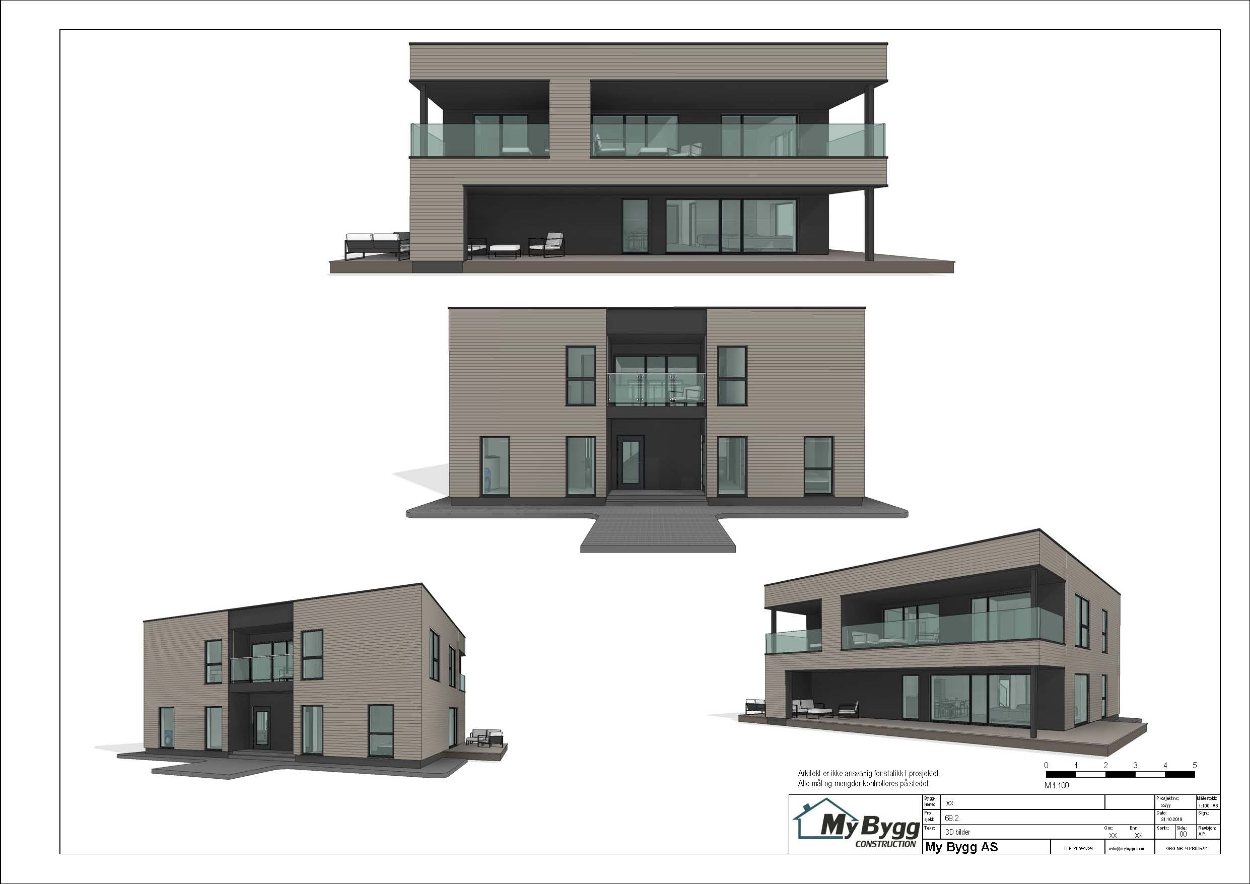 Fire 3D-visninger av en tomannsbolig med to etasjer, overbygd inngang og romslige uteplasser.