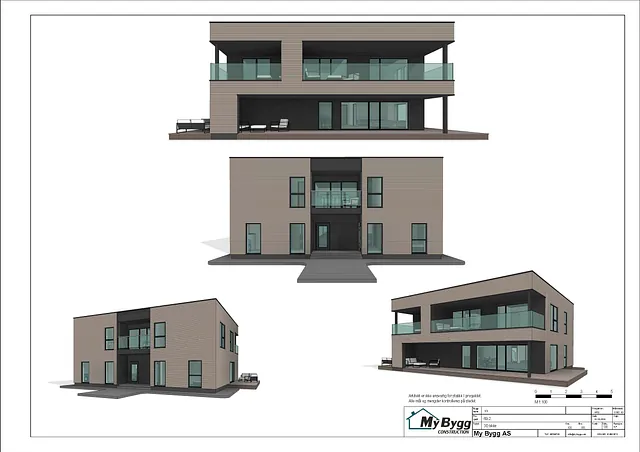 Fire 3D-visninger av en tomannsbolig med to etasjer, overbygd inngang og romslige uteplasser.