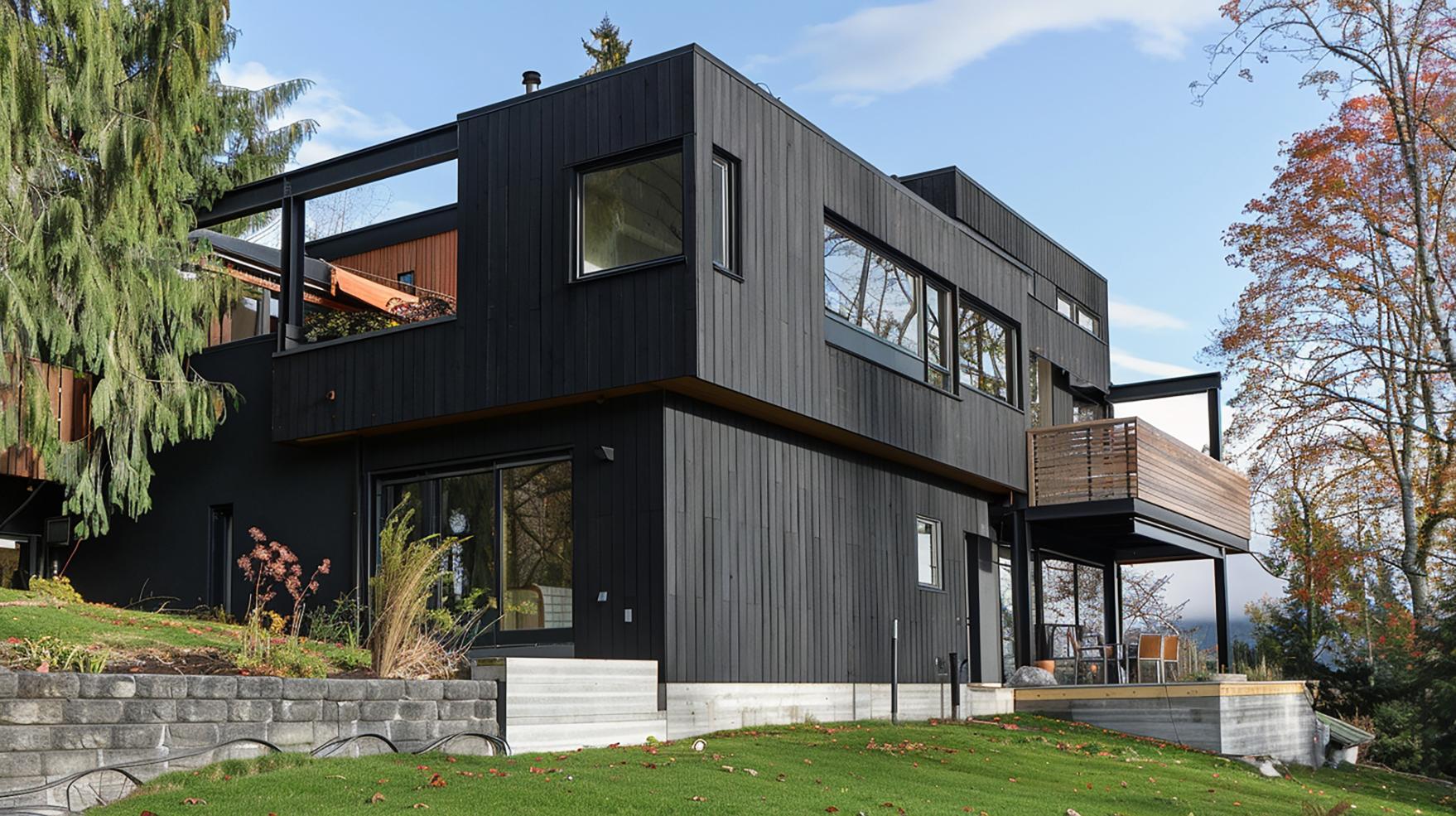 Svart funkishus med store vinduer og terrasse, omgitt av plen og høstfargede trær.