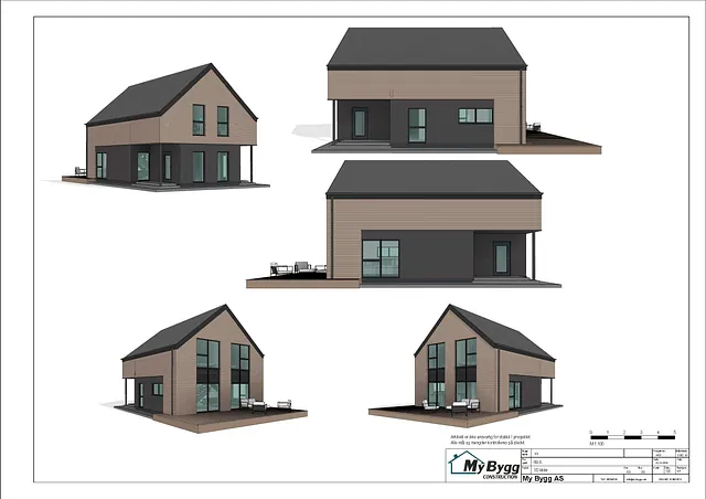 Fem 3D-visninger av huset fra ulike vinkler, med store vinduer og en romslig terrasse.